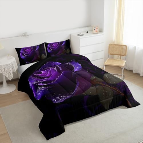 Purple Rose Pattern Comforter Set for Women Adults, Twin Size, 3D Printed Bedding with 1 Pillow Case for All Seasons, Soft Microfiber Inner Filling Duvet Set
