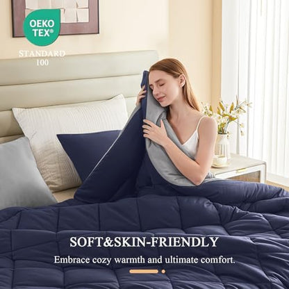 MIOTO 128x120 Oversized King Comforter All Season Extra Large King Size Microfiber Comforter Quilted Down Alternative Duvet Insert with 8 Corner Tabs, Navy Blue&Light Grey