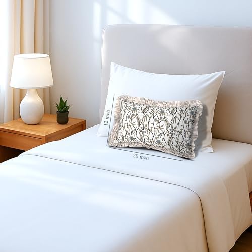 CPC Block Print Cocoa Vine Ruffle Cotton Lumbar Pillow Cover 12x20 inch