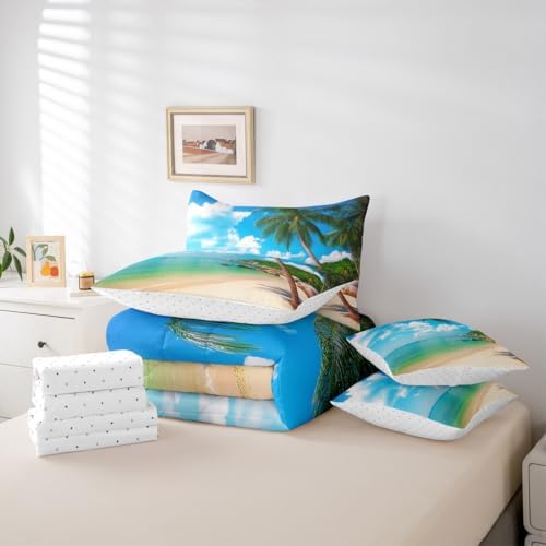 Erosebridal Ocean Beach Full Size Comforter Set, Palm Trees 7-Piece Bed in A Bag, Coastal Nature Theme Sheets and Pillowcases, Hawaiian Kids Boys Men Women Bedding Set Room Decor