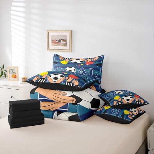 Erosebridal Nacy Blue Boys Kids Football Gaming King 7-Piece Comforter Set | Striped Geometric Sheets and Pillowcases Ball Games Bed in A Bag Playground Soccer Bed Sets