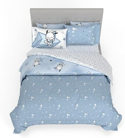 Sanrio Pochacco Bedding 7 Piece Super Soft Cozy Reversible Comforter and Sheet Set with Sham, Queen, (100% Official Licensed Product) By Franco
