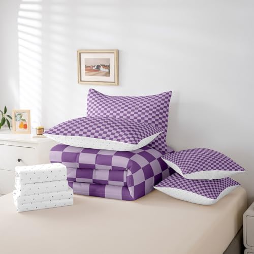 jejeloiu Purple Bedding Set 7Pcs King Size Kids Buffalo Plaid Comforter Set with Sheets for Boys Girls Checkered Grid Bed in a Bag Soft Lightweight,Microfiber