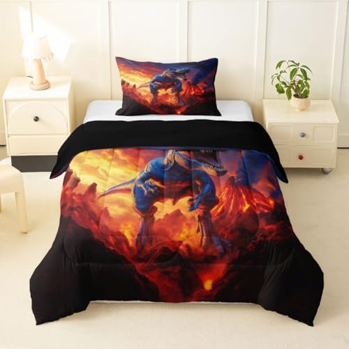 Feelyou Kids Dino Bedding Set Soft for Boys Girls, Dinosaur Comforter Set Twin Size Ancient Jungle Dinosaur Duvet Quilt Microfiber Volcano Bedroom Decor Yellow Red 2 Pcs with 1 Pillow Cases