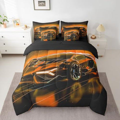 Feelyou Kids Sports Car 7 Piece Bedding Set King Size Orange Race Car Comforter Set with Sheets for Kids Teens Boys Girls Extreme Sports Theme Bed in a Bag Speed Luxury Car Bed Set