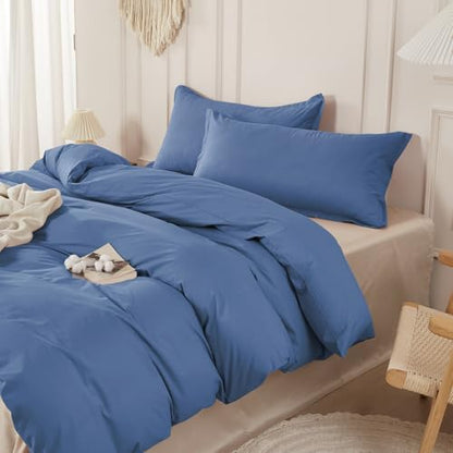 SAPHREAS 100% Washed Cotton Duvet Cover King Size Set, Linen Like Comforter Cover with Zipper Closure & Corner Ties (No Comforter), 104x90 Navy Blue