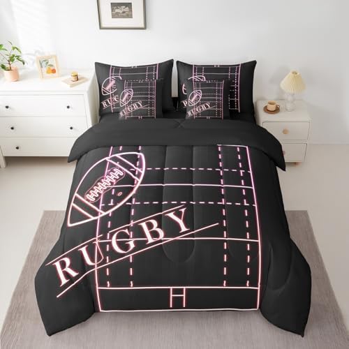 Erosebridal Soccer Bedding Comforter Sets 7pcs for Girls Room Sport Bed in a Bag, Glowing Football Field Full Bedding Sets Sports Gamer Comforter Set, Gradient Neon Pink Bedding Sets & Collections