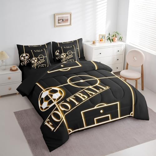Erosebridal Sport Bed in a Bag 7-Piece for Boys Soccer Bedding Set, Sports Theme Twin Size Comforter Set Orange Black Bedding Comforter Sets, Glowing Gradient Bed Set Ultra Soft (Black Reversible)