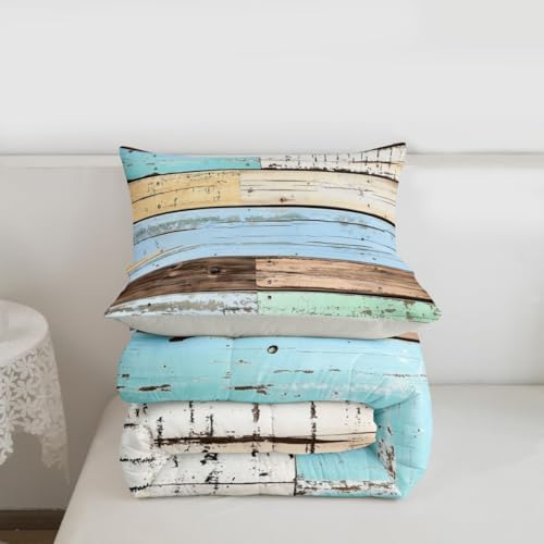 jejeloiu Colorful Wood Grain Comforter Set All Season Retro Farmhouse Bedding Set with 1 Pillow Cases Modern Abstract Microfiber Kids Toddler Bedclothes Rustic Cabin Country Bedroom Decor Duvet Quilt