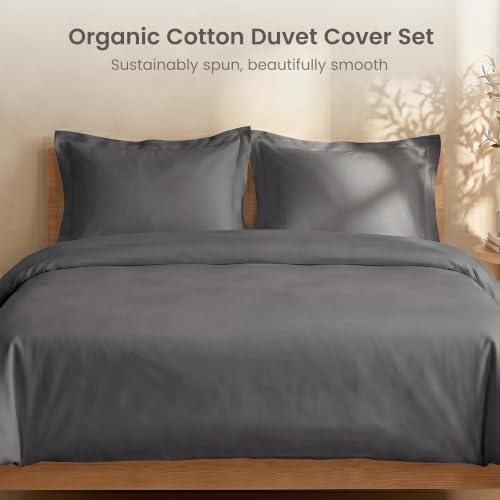 BIOWEAVES 100% Organic Cotton King Duvet Cover Set, 3-Piece, 300 Thread Count Sateen Weave GOTS Certified Comforter Cover with Buttoned Closure and 2 Pillow Shams – Stone, 104x90 inches