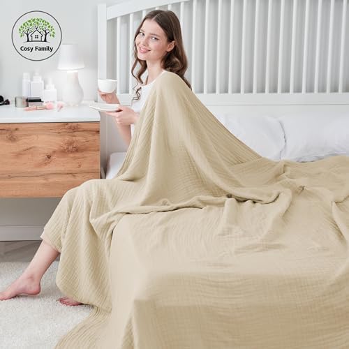 Cosy Family 6 Layer Muslin Bed Blanket - Breathable and Lightweight Gauze Boho Blanket for Spring, Soft 100% Cotton Muslin Blanket, Light Tan, 80x90 Inches