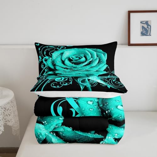 Feelyou Teal Rose Floral Comforter Set Full Size Boys Girls Teens