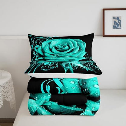 Feelyou Teal Rose Floral Comforter Set Full Size Boys Girls Teens