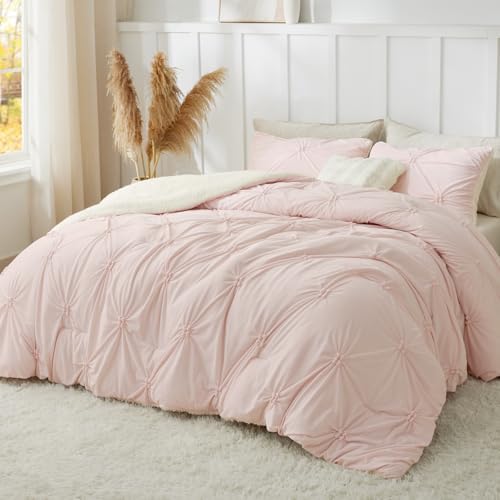 BEDELITE Fluffy Sherpa Queen Comforter Set,Pintuck-Pink