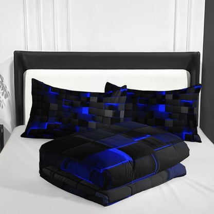 Nttopship Geometric Blue Black Comforter Set,Light Honeycomb 3 Piece Bedding Set King Size for Teen Boys,Modern Quilt Set Geometry Decor,Microfiber Lightweight 1 Comforter 2 Pillowcases All Season