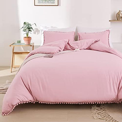YIRDDEO King Size Comforter Set, Dust Pink Pom Fringe Bedding Set 3 Pieces