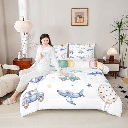 Erosebridal Colorful Hot Air Balloon Full Bedding Set, Cute Airplane Aircraft Comforter Set for Boys Kids Teens Adults Girls Bedroom, Cartoon Car Lovely Heart Comforter, Star Print Quilt