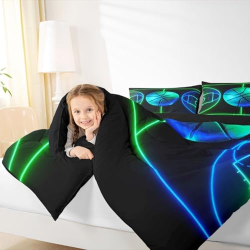 Basketball Comforter Set Twin,Sports Games Bedding Set 2Pcs for Kids Teens Boys Room Decor,Green Blue Neon Geometric Lines Basketball Court Pattern Duvet Insert with 1 Pillowcase, Black