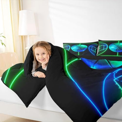 Basketball Comforter Set Twin,Sports Games Bedding Set 2Pcs for Kids Teens Boys Room Decor,Green Blue Neon Geometric Lines Basketball Court Pattern Duvet Insert with 1 Pillowcase, Black