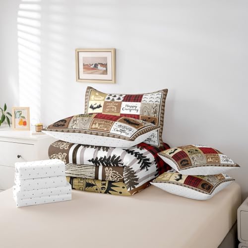 Erosebridal 7 Piece Happy Camping Comforter Set King for Kids Adults,Rv Camper Bedding Set for Travel Trailers Accessories,Rustic Cabin Bed Set with Sheets,Buffalo Plaid Patchwork Bed in a Bag