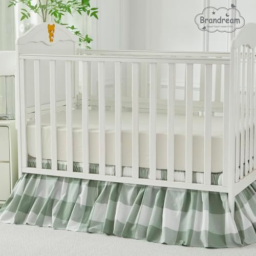 Brandream Gingham Gathered Crib Skirt, Baby Boy, Baby Girl, Gender Neutral Crib Skirt, 100% Cotton, 4-Sided, Green Buffalo Plaid Toddler Bedskirt Farmhouse Chic Nursery Crib Bed Skirt Dust Ruffle
