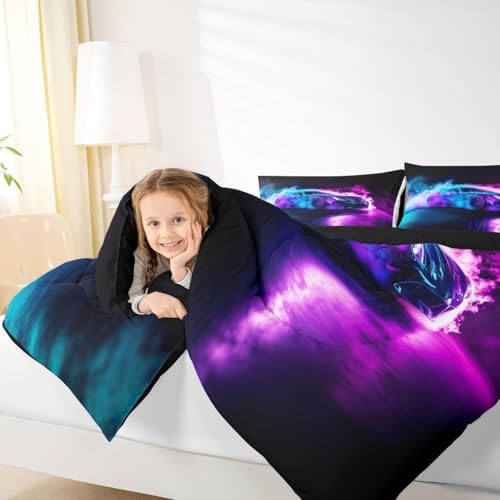 Toddler Comforter Set Boys Room Decor,Cars Bedding Cars Birthday Decorations,Purple Blue Race Car Comforter,Cool Racing Car Duvet Insert for Boys,Extreme Sports Car Gaming for Men Adults,Soft Cozy
