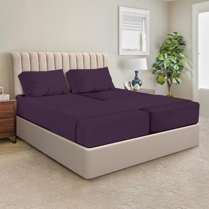 SGI Split King Sheet Set for Adjustable Bed Egyptian Premium Cotton Sheets for Sleep Number Bed 15" Deep Pocket 5 Pc Set with 2 Twin XL Fitted Sheets Soft Breathable - Plum