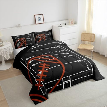 American Football Field Queen Size Comforter Set,Boys Ball Sports Games Themed Bedding Set with 2 Pillowcases,Brown Rugby Gloves Sporting Equipment Breathable Polyester Bedding Comforters