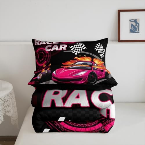 Feelyou Kids Rose Pink Race car Comforter Set Twin Size Speed Sports Car Bedding Set Boys Girls Automobile Racing Car Quilt Set Extreme Sports Theme Bed Set