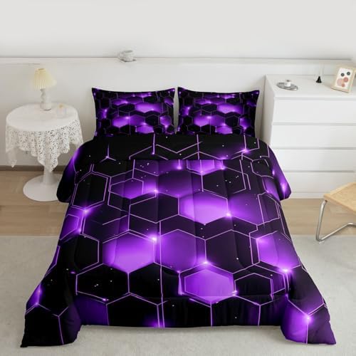Feelyou Geometrics Honeycomb Comforter Set King Size, Purple Black Beehive Hexagon Comforter for Kids Toddler Geometrical Bedding Set Hexagonal Geometrical Duvet Set Durable Quilt Set King Size