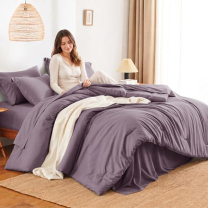 HIMEET Full Comforter Set, 7-Piece Point-Quilted Bed in a Bag, Dusty Purple