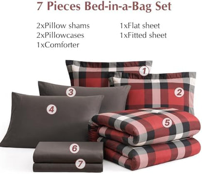 Plaid Queen Comforter Set Red 7 Pieces Bed in a Bag for Boys Girls Teen
