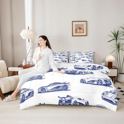 Feelyou Race Car Comforter Set with Sheets 7 Piece Full Size Navy Blue Speed Sports Car Bedding Set for Kids Boys Girls Extreme Sports Bed in a Bag Room Decor Soft Lightweight Microfiber