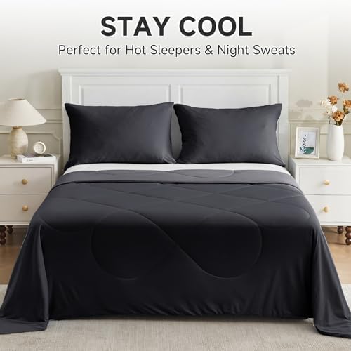 HOMFINE Cooling Comforter Japanese Double-Sided Cold Tech Fabric Cooling Blanket for Night Sweats Hot Sleepers, Q-Max 0.45 Soft Breathable Silky Smooth Lightweight Black Summer Comforter King