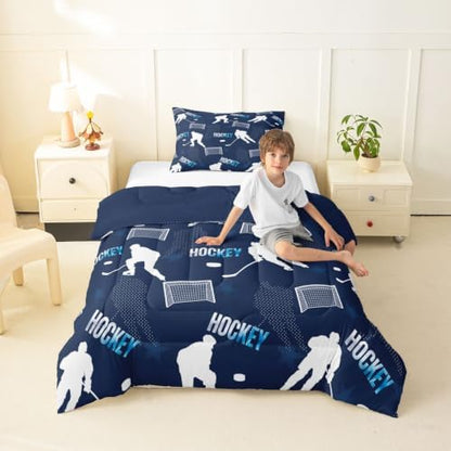 Castle Fairy Hockey Down Comforter Queen Size,White Silhouette Goal Bed in a Bag 3Pcs for Kids Teens Woman Men Room Decor,Navy Blue Quilted Duvet Sports Theme Bedspread,2 Pillowcases