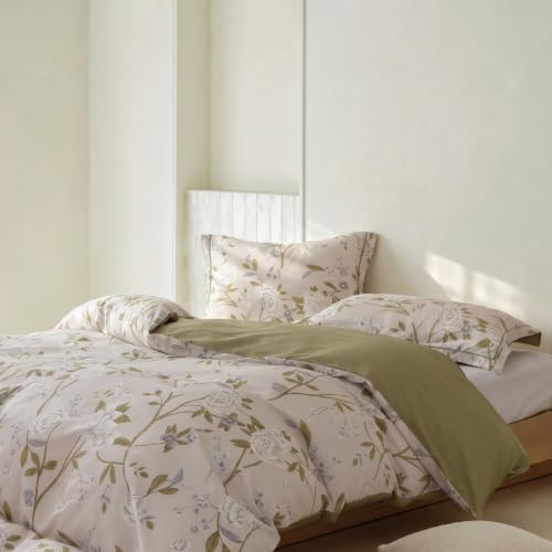 King Comforter Set 3 Pieces, 100% Cotton Light Grey Botanical Floral Bedding Set for All‑Season, Soft Hypoallergenic Comforter with 2 Pillow Shams