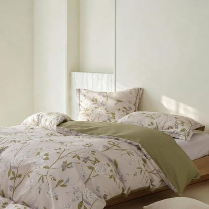 Queen Comforter Set 3 Pieces, 100% Cotton Light Grey Floral Bedding Set for All‑Season, Soft Hypoallergenic Comforter with 2 Pillow Shams