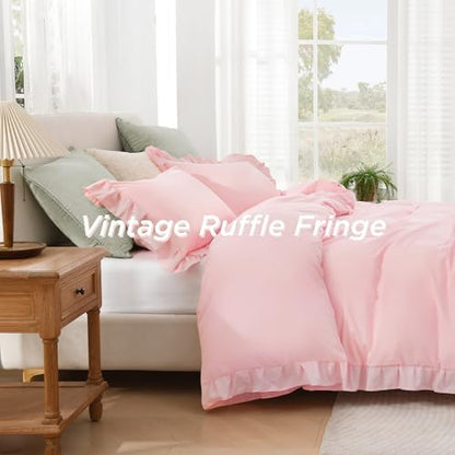 Andency Pink Ruffle Duvet Cover Full, Shabby Chic Farmhouse Bedding Set