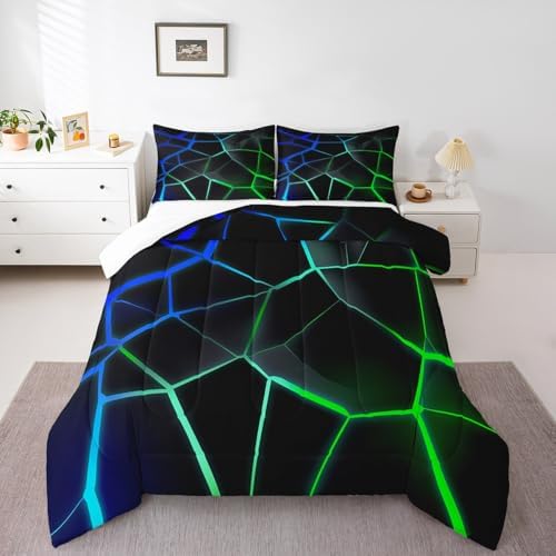Feelyou Geometric Honeycomb Comforter Set Green Blue Stereoscopic Hexagon Comforter for Kids Boys Girls Beehive Hexagon Bedding Set Geometric Duvet Set Room Decor Quilt Twin Size Boys