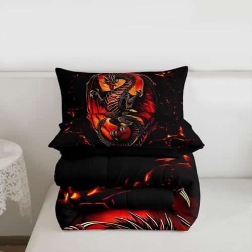 Feelyou Dragon Comforter Set King Size Wild Life Bedding Set for Kids Boys Girls Jungle Dragon Duvet Quilt Black Red Bedroom Decor Microfiber 3 Pcs with 2 Pillow Cases