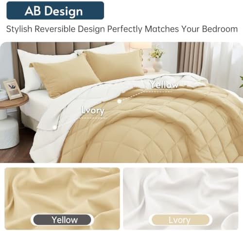 MUXHOMO 7 Pieces California King Comforter Set, Reversible Bed in a Bag Cal King Size, All Season Bedding Set with Comforter, Flat Sheet, Fitted Sheet, Pillowcases & Shams, Yellow & Ivory