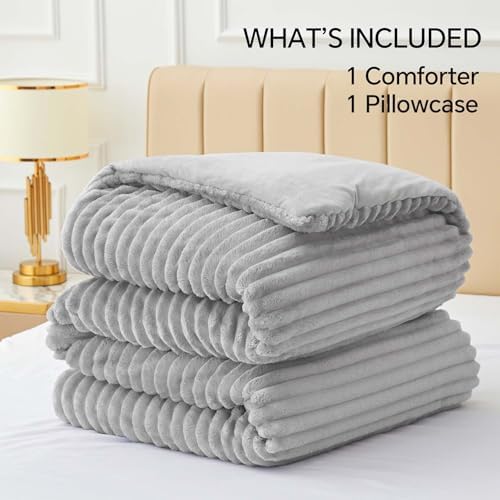BEDELITE Fleece Twin/Twin XL Comforter Set, Fluffy Bed Set, Light Grey