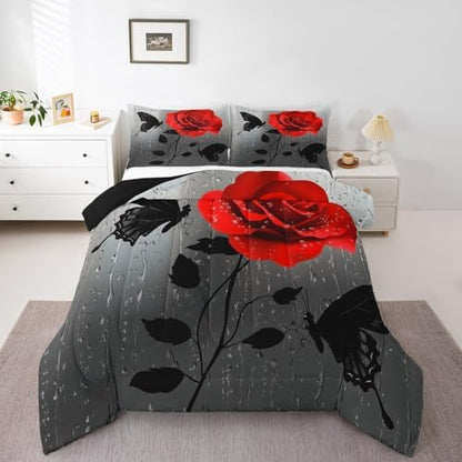 jejeloiu Red Rose Comforter Set Twin Size Kids Floral Flower Bedding Set for Boys Girls Teens Garden Flower Butterfly Duvet Breathable Romantic Quilt Bedroom Decor,1 Comforter with 1 Pillowcase