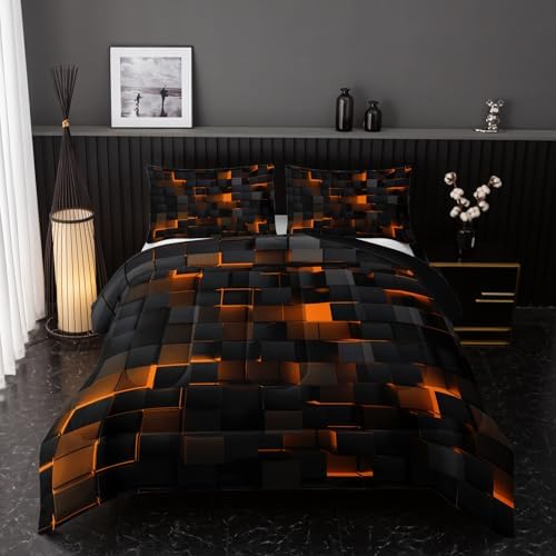 Nttopship Neon Yellow Black Comforter Set King Geometric Kids Bedding Set,3 PCS Geometry Honeycomb Bed Set Modern Quilt Set 1 Comforter 2 Pillow Cases Cool Room Decor All Season B-Side Black