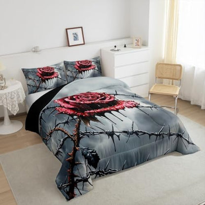 Red Rose Flowers Kids Comforter Set Full Size,Happy Halloween Western Holiday Bedding Set,Girls Boys Room Decor,Blood Floral Gothic Vintage Quilt Comforter,Red Romantic Duvet Insert,2 Pillowcases