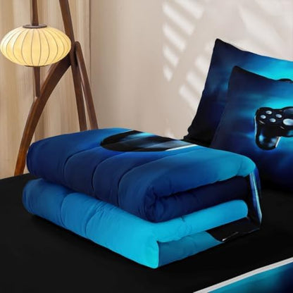 Feelyou Kids Game Comforter Set Zipper Bedding Queen for Boys, Blue All-in-one Zipper Bedding, Easy to Make, Washable, Soft Fabric, Comforter with Fitted Sheet, 2pcs Pillowcases