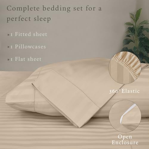 Threadmill 500TC Cotton Twin Sheet Set, Damask Stripe, Light Beige, 3-Piece