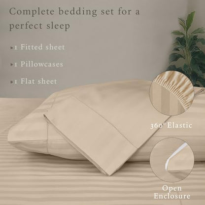 Threadmill 500TC Cotton Twin Sheet Set, Damask Stripe, Light Beige, 3-Piece