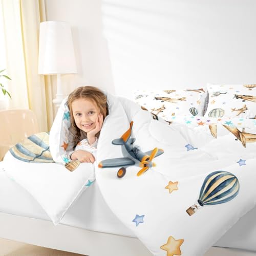 Erosebridal Cute Propeller Plane Queen Bedding Set, Cartoon Airplane Aircraft Comforter Set for Kids Boys Teens Child Girls Adults Bedroom, Hot Air Balloon Comforter, Star Print Quilt