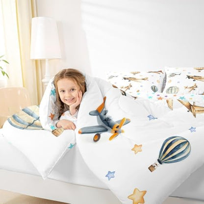 Erosebridal Cute Propeller Plane Queen Bedding Set, Cartoon Airplane Aircraft Comforter Set for Kids Boys Teens Child Girls Adults Bedroom, Hot Air Balloon Comforter, Star Print Quilt